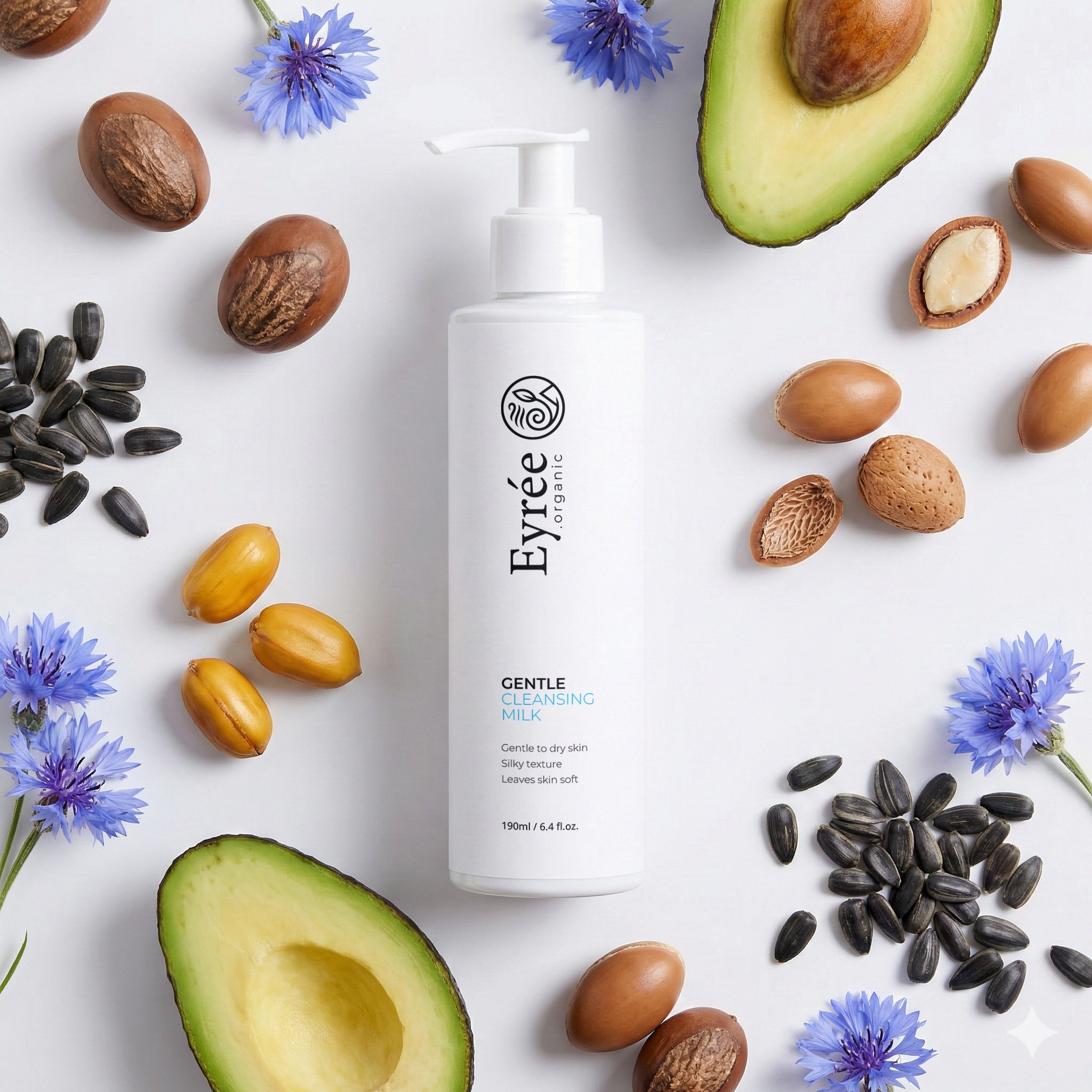 Organic Gentle Cleansing Milk with sunflower oil, shea butter, avocado oil, jojoba oil, cornflower extract, and peony root extract.